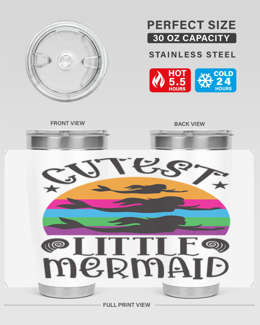Cutest Little Mermaid 96# Tumbler featuring a vibrant mermaid design, double wall vacuum stainless steel construction, and a drink-thru lid.
