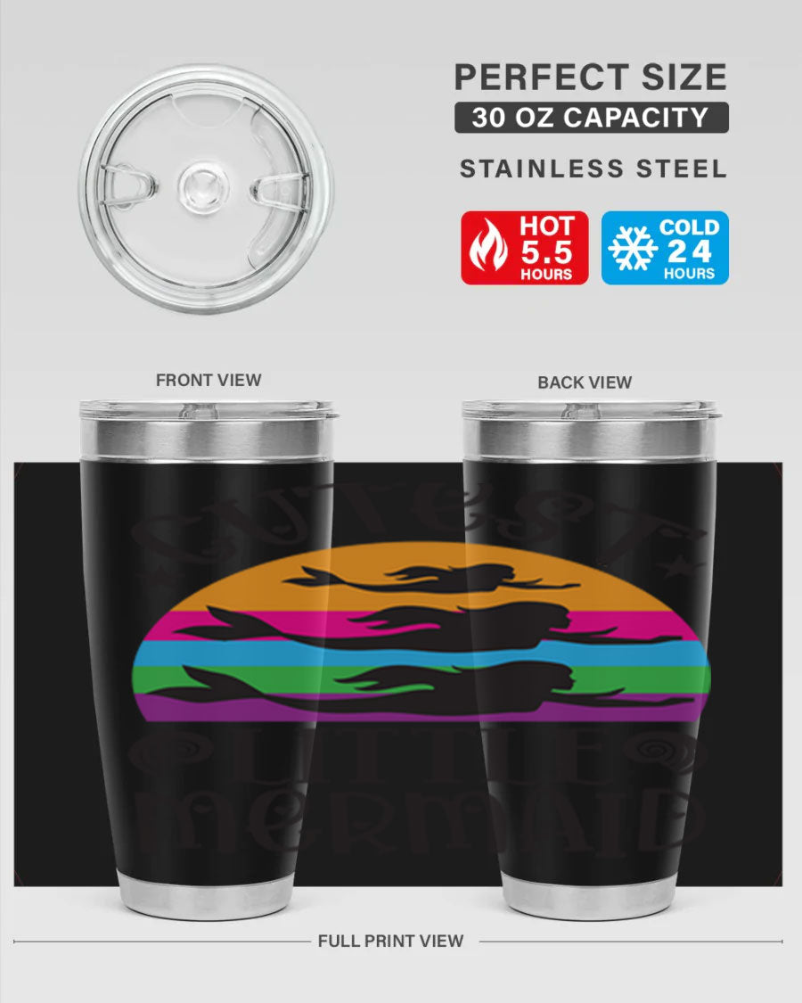 Cutest Little Mermaid 96# Tumbler featuring a vibrant mermaid design, double wall vacuum stainless steel construction, and a drink-thru lid.