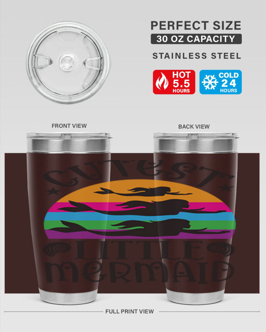 Cutest Little Mermaid 96# Tumbler featuring a vibrant mermaid design, double wall vacuum stainless steel construction, and a drink-thru lid.