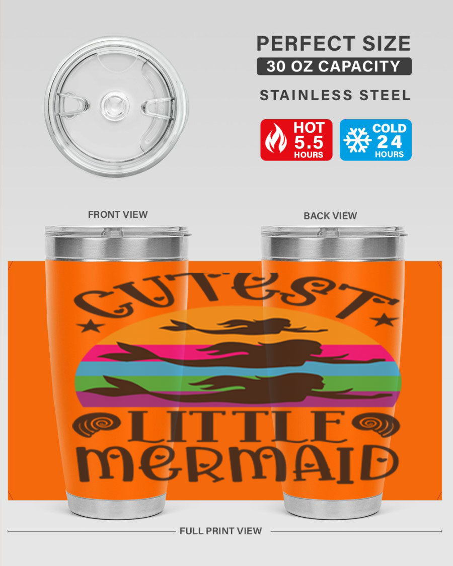 Cutest Little Mermaid 96# Tumbler featuring a vibrant mermaid design, double wall vacuum stainless steel construction, and a drink-thru lid.