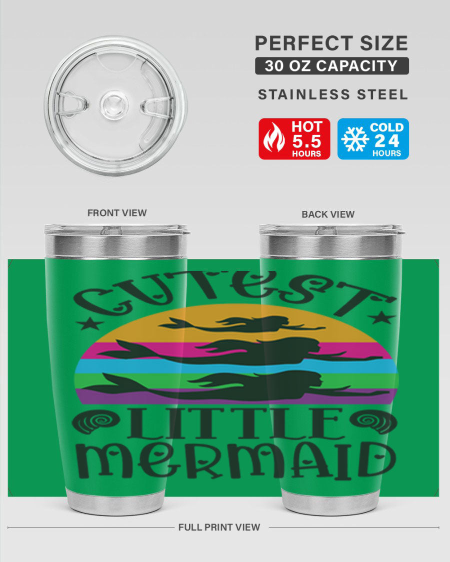 Cutest Little Mermaid 96# Tumbler featuring a vibrant mermaid design, double wall vacuum stainless steel construction, and a drink-thru lid.
