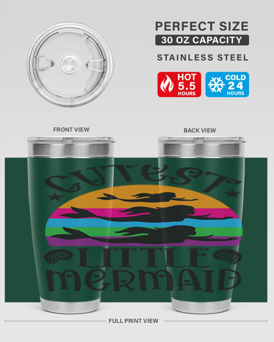 Cutest Little Mermaid 96# Tumbler featuring a vibrant mermaid design, double wall vacuum stainless steel construction, and a drink-thru lid.