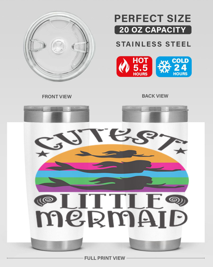 Cutest Little Mermaid 96# Tumbler featuring a vibrant mermaid design, double wall vacuum stainless steel construction, and a drink-thru lid.