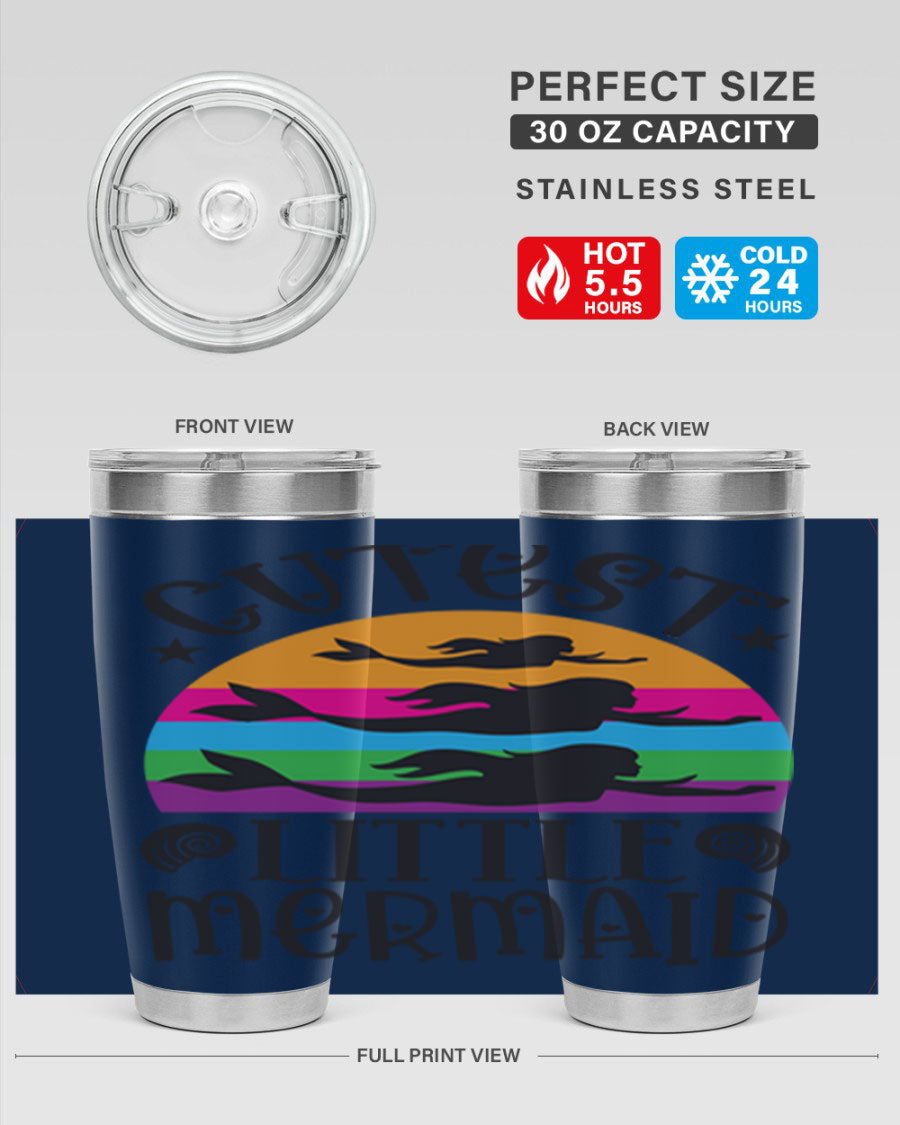 Cutest Little Mermaid 96# Tumbler featuring a vibrant mermaid design, double wall vacuum stainless steel construction, and a drink-thru lid.
