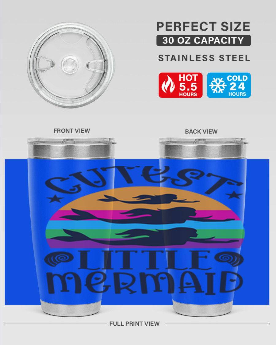Cutest Little Mermaid 96# Tumbler featuring a vibrant mermaid design, double wall vacuum stainless steel construction, and a drink-thru lid.