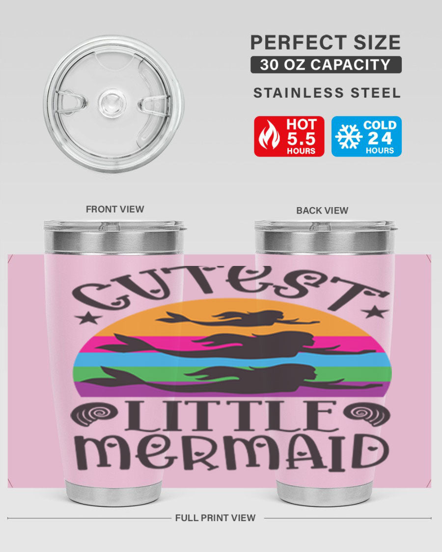 Cutest Little Mermaid 96# Tumbler featuring a vibrant mermaid design, double wall vacuum stainless steel construction, and a drink-thru lid.