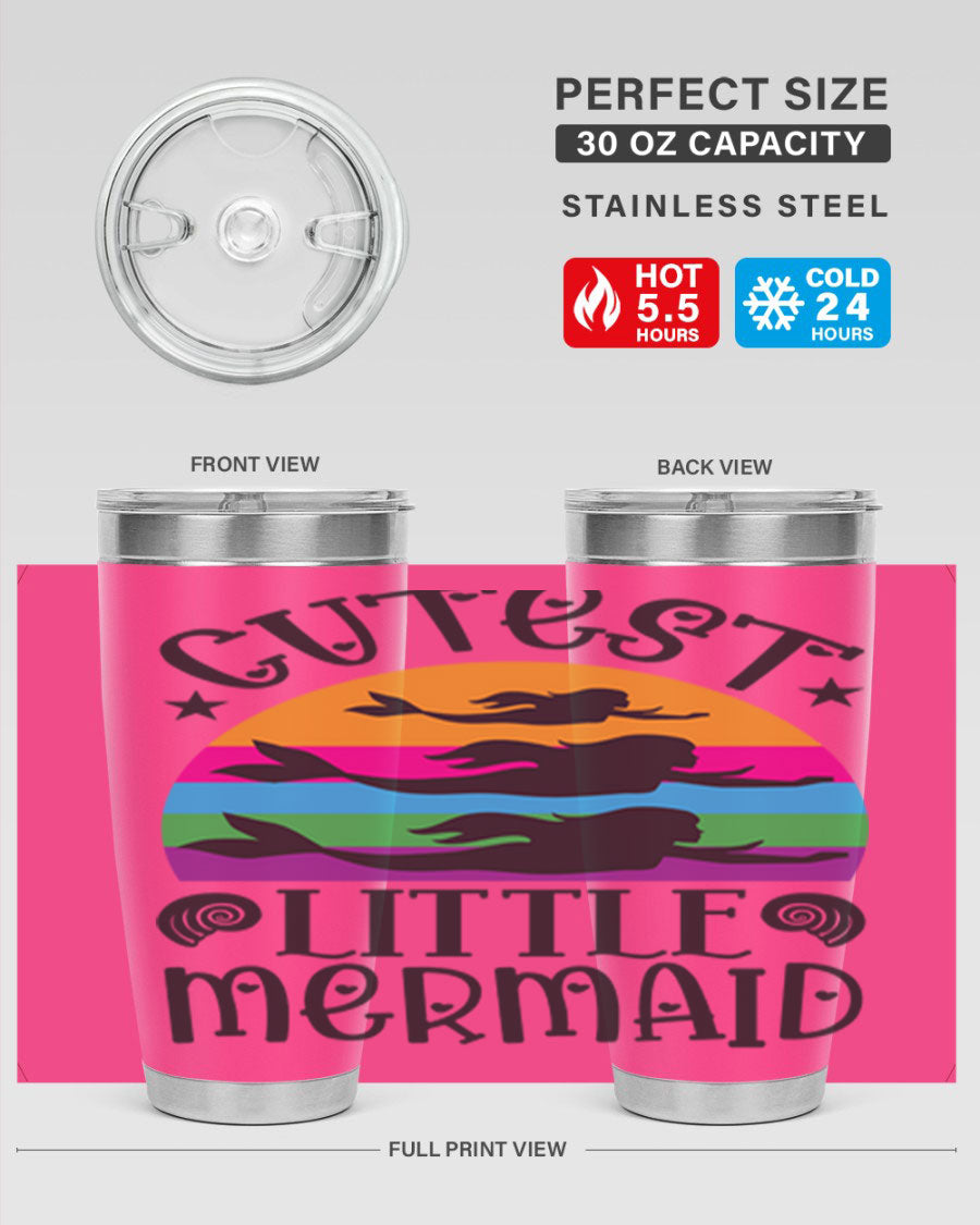 Cutest Little Mermaid 96# Tumbler featuring a vibrant mermaid design, double wall vacuum stainless steel construction, and a drink-thru lid.