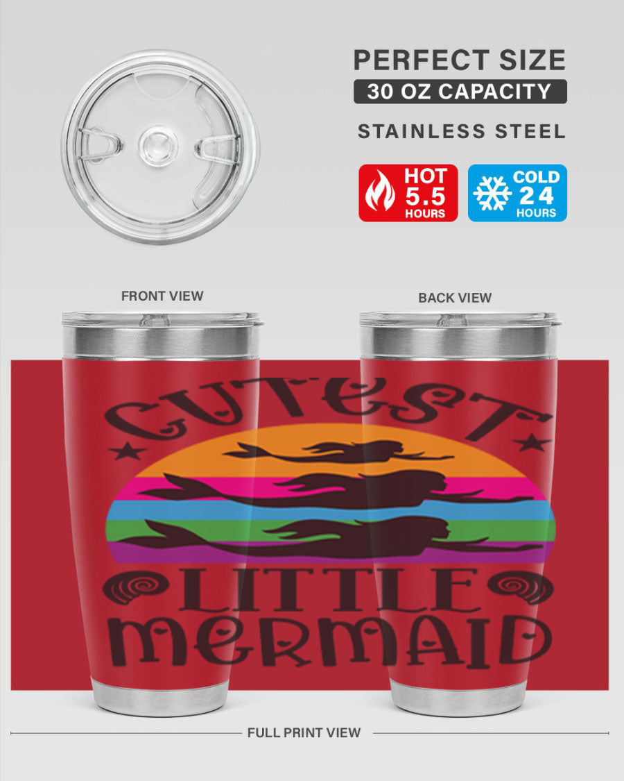 Cutest Little Mermaid 96# Tumbler featuring a vibrant mermaid design, double wall vacuum stainless steel construction, and a drink-thru lid.