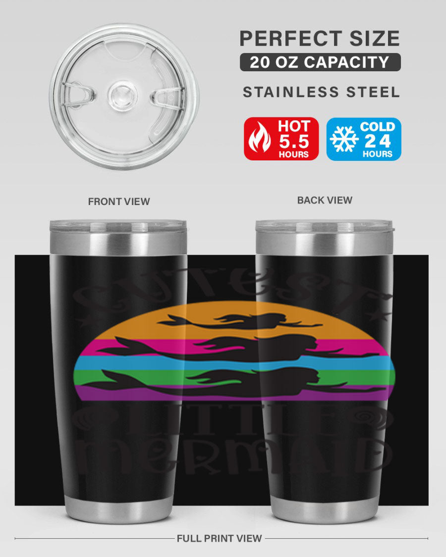 Cutest Little Mermaid 96# Tumbler featuring a vibrant mermaid design, double wall vacuum stainless steel construction, and a drink-thru lid.