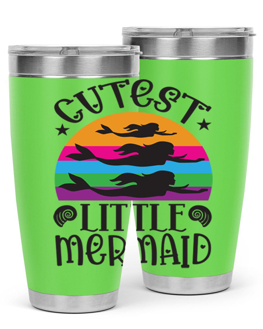 Cutest Little Mermaid 96# Tumbler featuring a vibrant mermaid design, double wall vacuum stainless steel construction, and a drink-thru lid.