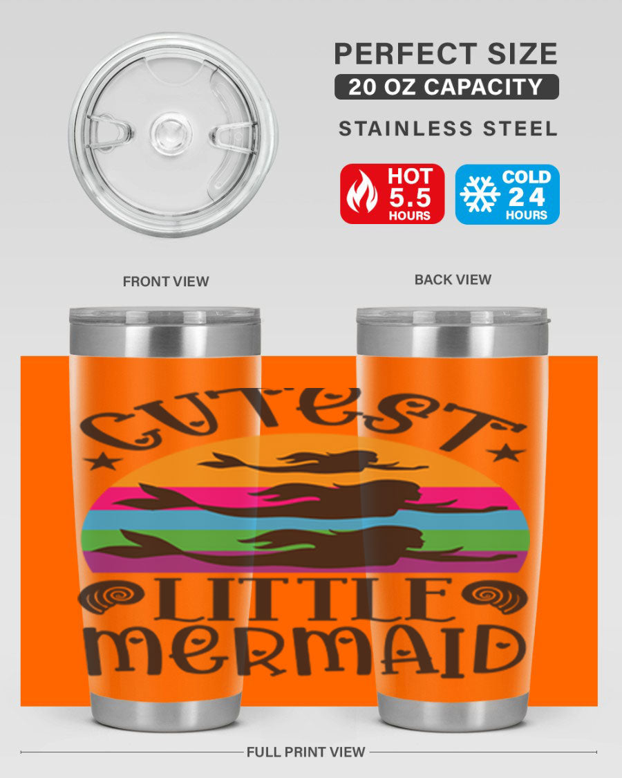 Cutest Little Mermaid 96# Tumbler featuring a vibrant mermaid design, double wall vacuum stainless steel construction, and a drink-thru lid.