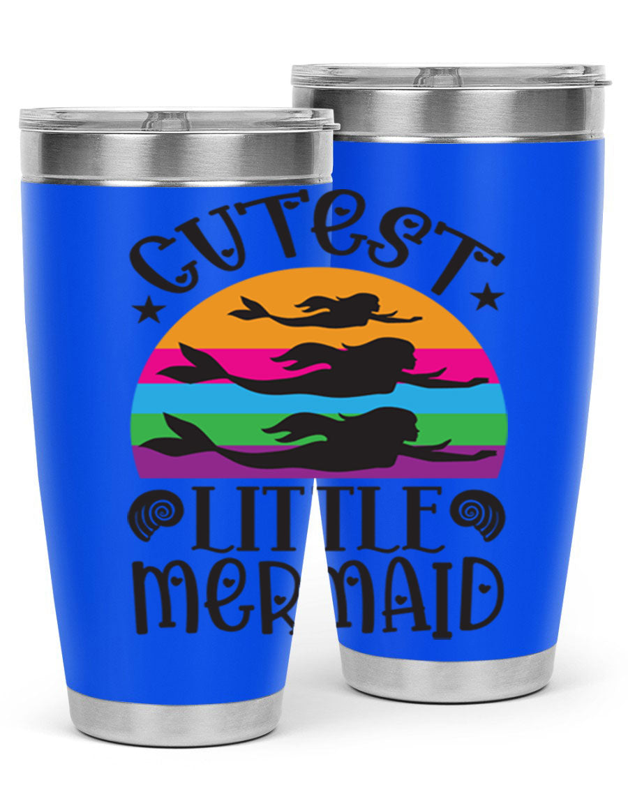 Cutest Little Mermaid 96# Tumbler featuring a vibrant mermaid design, double wall vacuum stainless steel construction, and a drink-thru lid.
