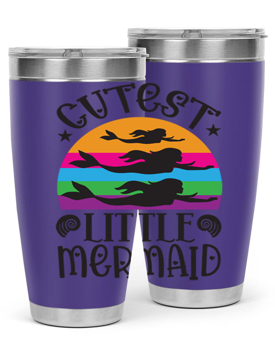 Cutest Little Mermaid 96# Tumbler featuring a vibrant mermaid design, double wall vacuum stainless steel construction, and a drink-thru lid.