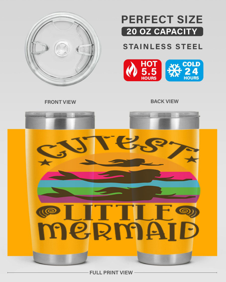 Cutest Little Mermaid 96# Tumbler featuring a vibrant mermaid design, double wall vacuum stainless steel construction, and a drink-thru lid.