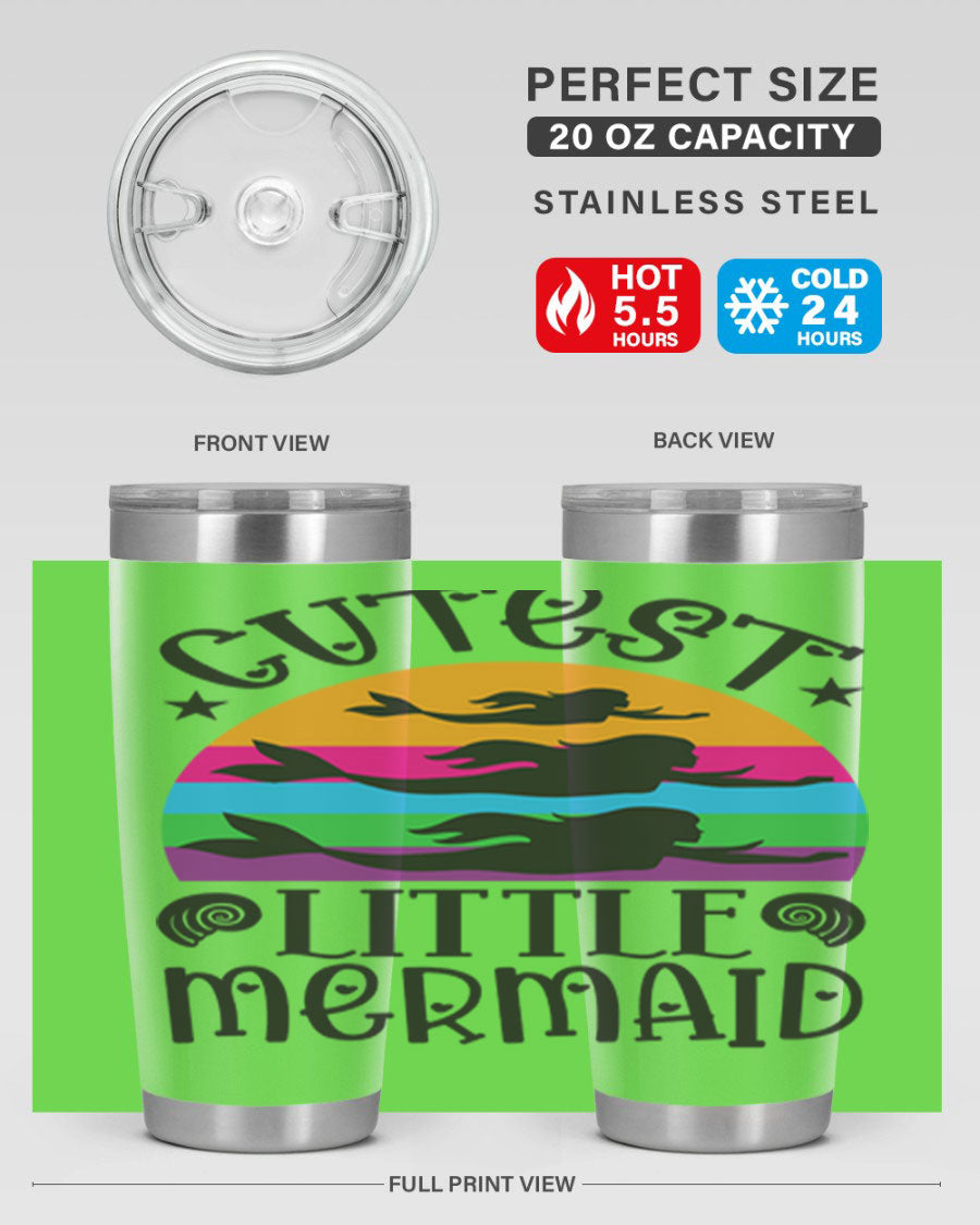 Cutest Little Mermaid 96# Tumbler featuring a vibrant mermaid design, double wall vacuum stainless steel construction, and a drink-thru lid.