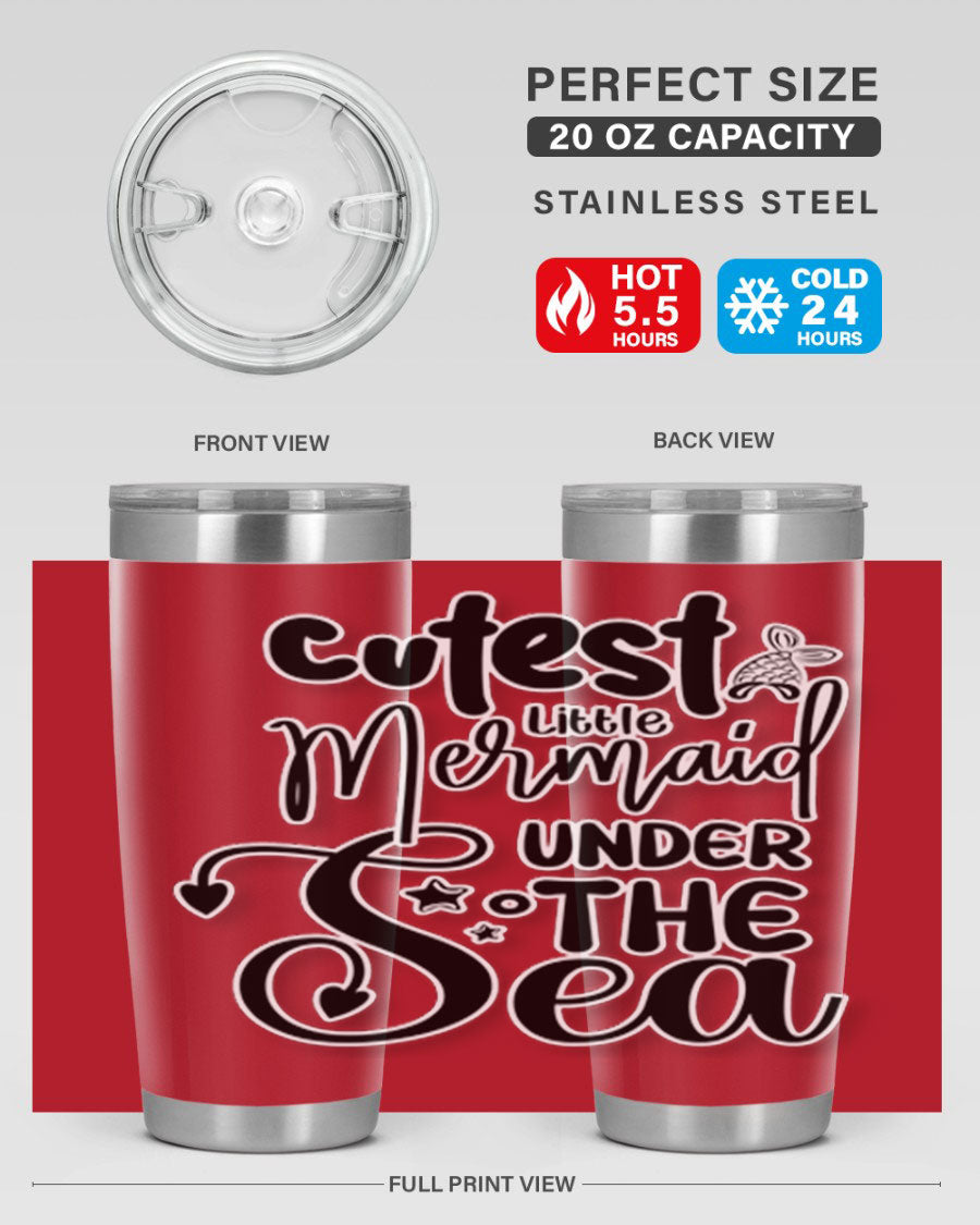 Cutest Little Mermaid Under The 98# tumbler featuring vibrant mermaid graphics, double wall vacuum stainless steel design, and a drink-thru lid.