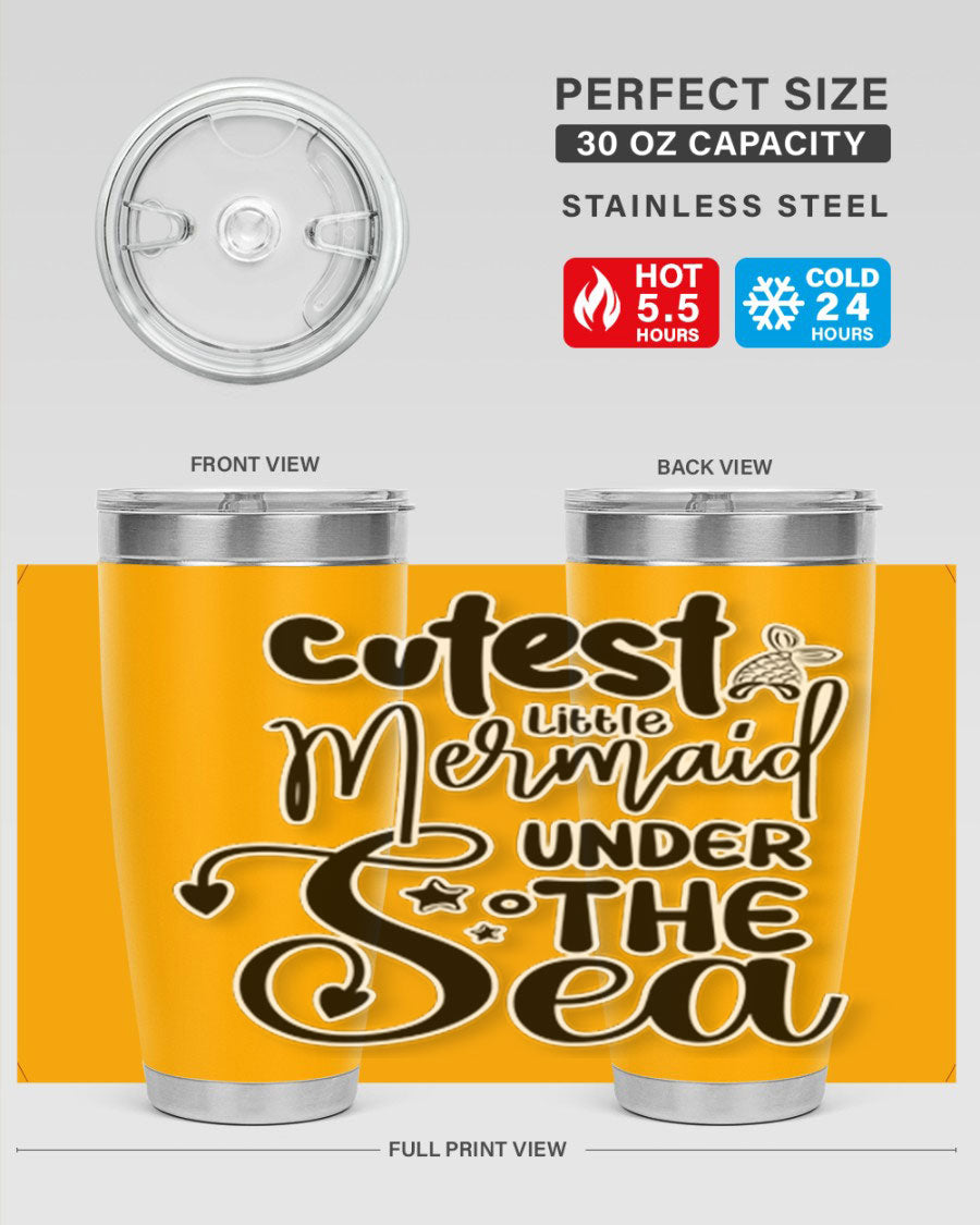 Cutest Little Mermaid Under The 98# tumbler featuring vibrant mermaid graphics, double wall vacuum stainless steel design, and a drink-thru lid.