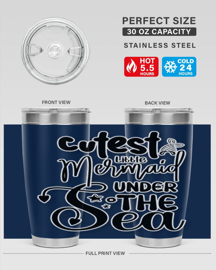 Cutest Little Mermaid Under The 98# tumbler featuring vibrant mermaid graphics, double wall vacuum stainless steel design, and a drink-thru lid.