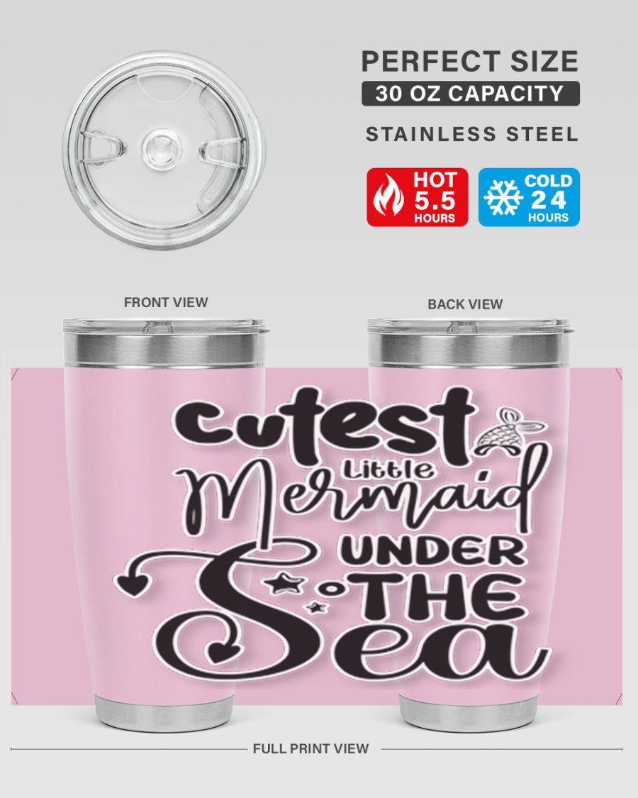 Cutest Little Mermaid Under The 98# tumbler featuring vibrant mermaid graphics, double wall vacuum stainless steel design, and a drink-thru lid.