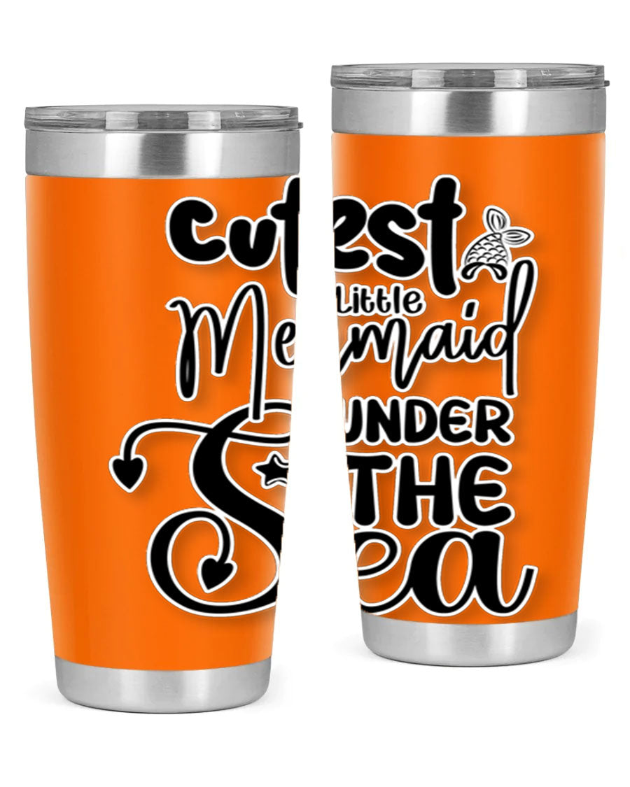 Cutest Little Mermaid Under The 98# tumbler featuring vibrant mermaid graphics, double wall vacuum stainless steel design, and a drink-thru lid.