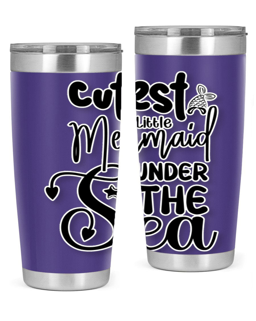 Cutest Little Mermaid Under The 98# tumbler featuring vibrant mermaid graphics, double wall vacuum stainless steel design, and a drink-thru lid.