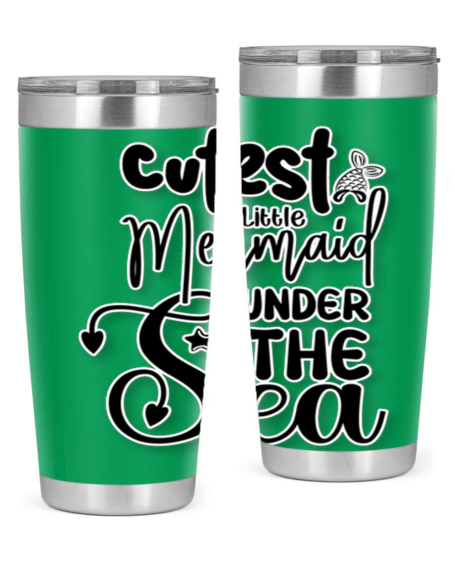 Cutest Little Mermaid Under The 98# tumbler featuring vibrant mermaid graphics, double wall vacuum stainless steel design, and a drink-thru lid.