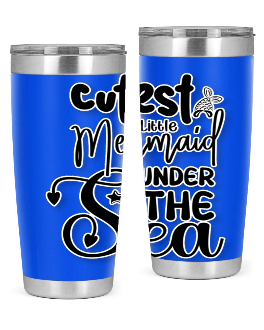 Cutest Little Mermaid Under The 98# tumbler featuring vibrant mermaid graphics, double wall vacuum stainless steel design, and a drink-thru lid.