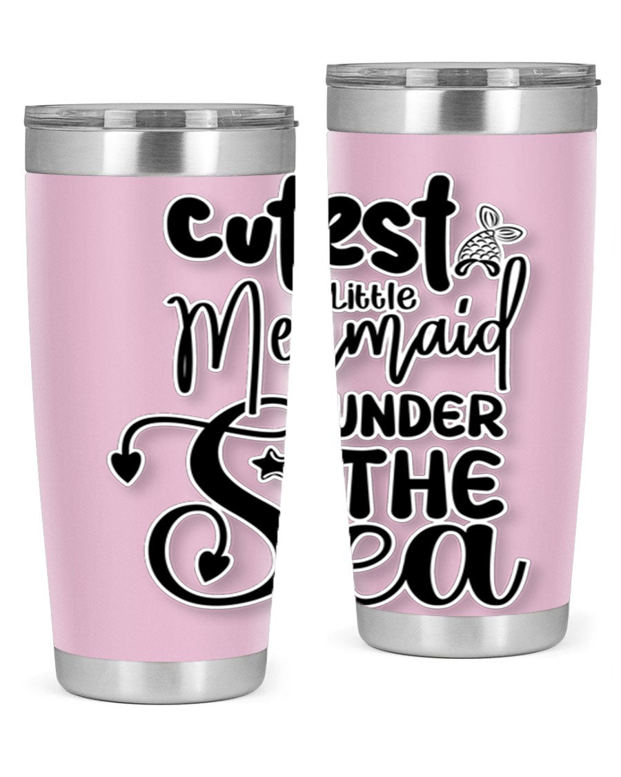 Cutest Little Mermaid Under The 98# tumbler featuring vibrant mermaid graphics, double wall vacuum stainless steel design, and a drink-thru lid.