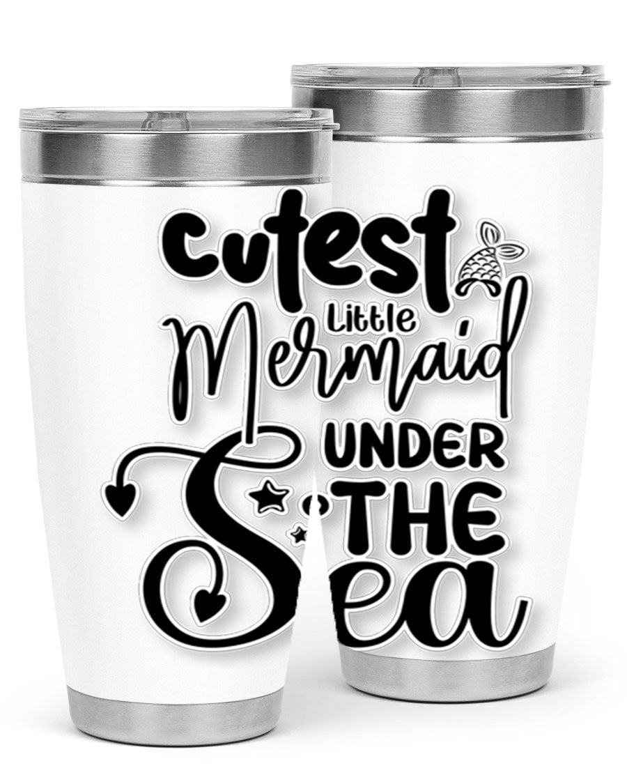 Cutest Little Mermaid Under The 98# tumbler featuring vibrant mermaid graphics, double wall vacuum stainless steel design, and a drink-thru lid.