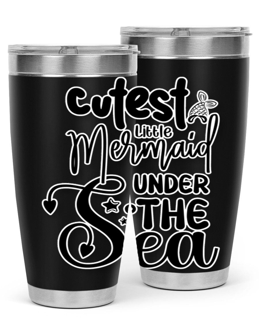 Cutest Little Mermaid Under The 98# tumbler featuring vibrant mermaid graphics, double wall vacuum stainless steel design, and a drink-thru lid.