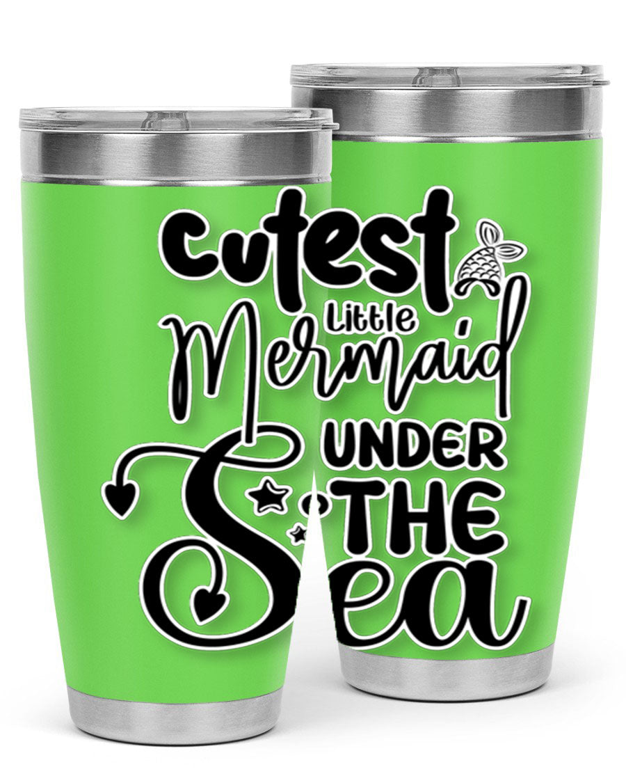 Cutest Little Mermaid Under The 98# tumbler featuring vibrant mermaid graphics, double wall vacuum stainless steel design, and a drink-thru lid.