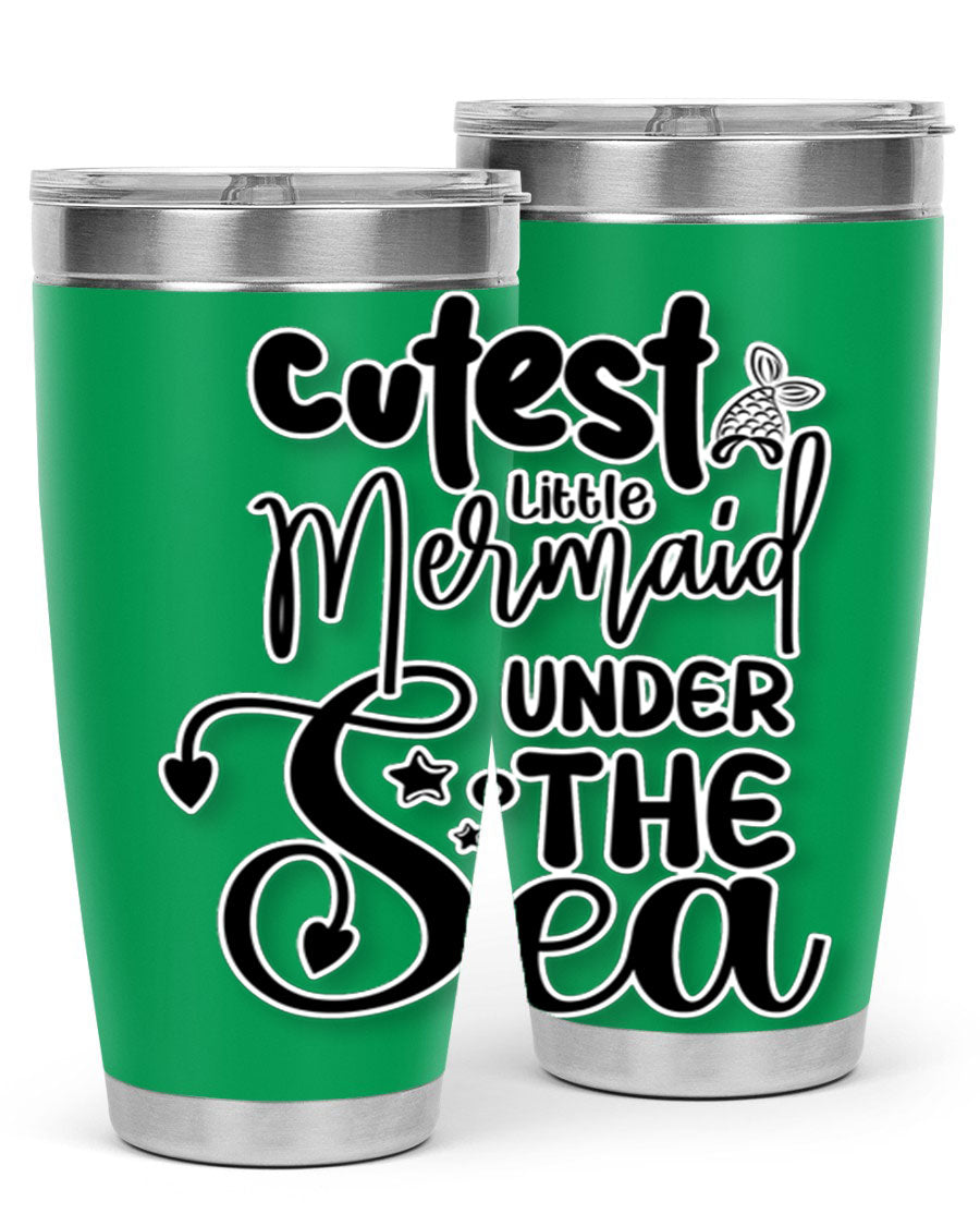 Cutest Little Mermaid Under The 98# tumbler featuring vibrant mermaid graphics, double wall vacuum stainless steel design, and a drink-thru lid.