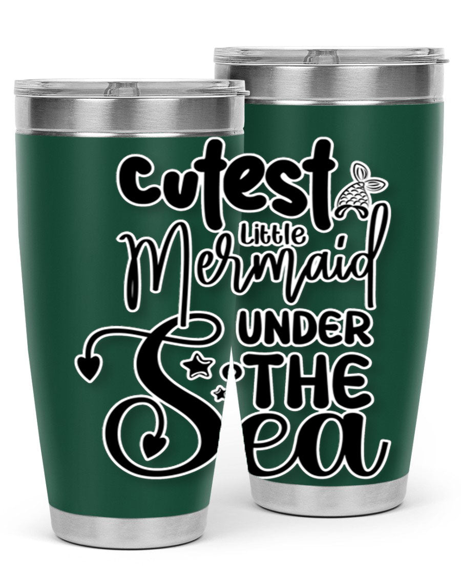 Cutest Little Mermaid Under The 98# tumbler featuring vibrant mermaid graphics, double wall vacuum stainless steel design, and a drink-thru lid.