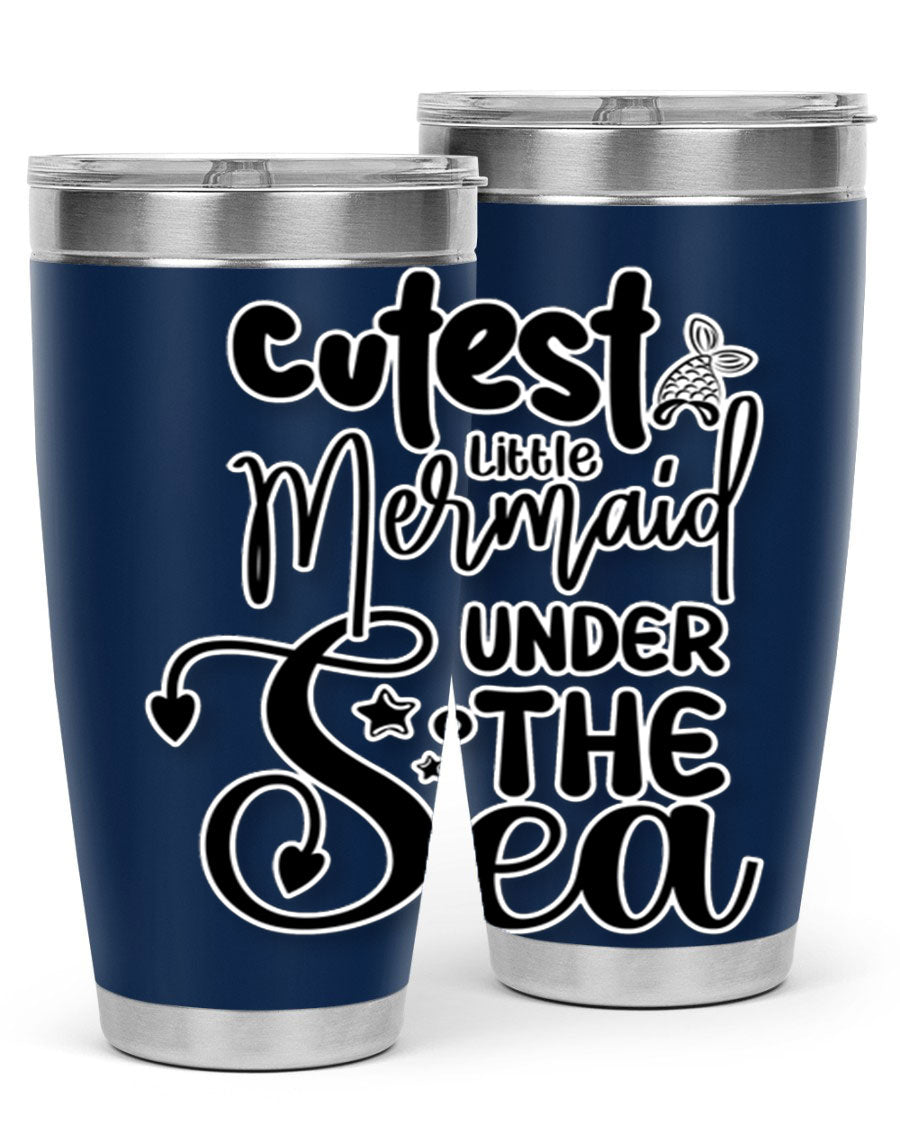 Cutest Little Mermaid Under The 98# tumbler featuring vibrant mermaid graphics, double wall vacuum stainless steel design, and a drink-thru lid.