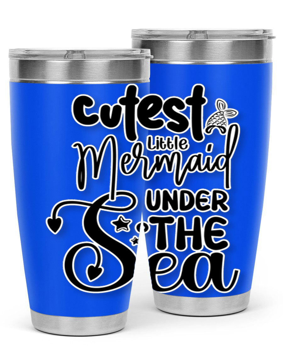 Cutest Little Mermaid Under The 98# tumbler featuring vibrant mermaid graphics, double wall vacuum stainless steel design, and a drink-thru lid.
