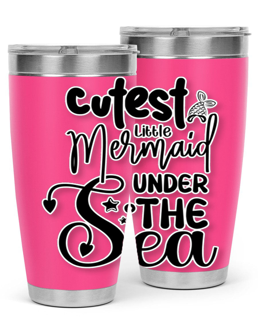 Cutest Little Mermaid Under The 98# tumbler featuring vibrant mermaid graphics, double wall vacuum stainless steel design, and a drink-thru lid.