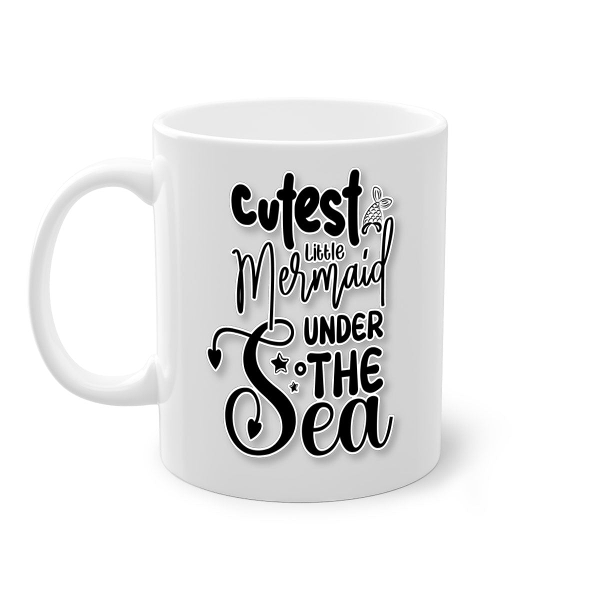 A colorful ceramic mug featuring a cute little mermaid design, available in multiple colors with a glossy finish and a C-shaped handle.