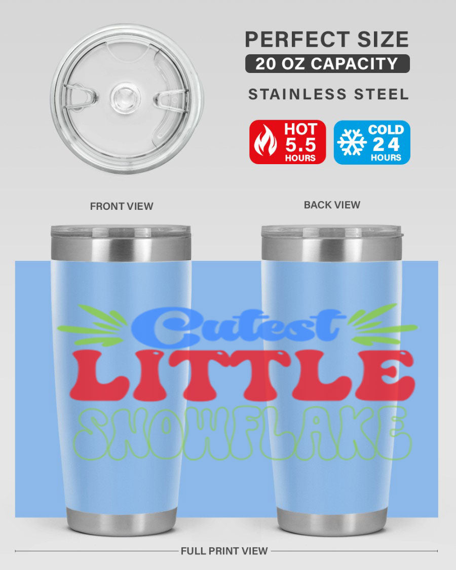 Cutest Little Snowflake 89# Tumbler featuring a winter-themed design, double wall vacuum stainless steel construction, and a press-in drink-thru lid.