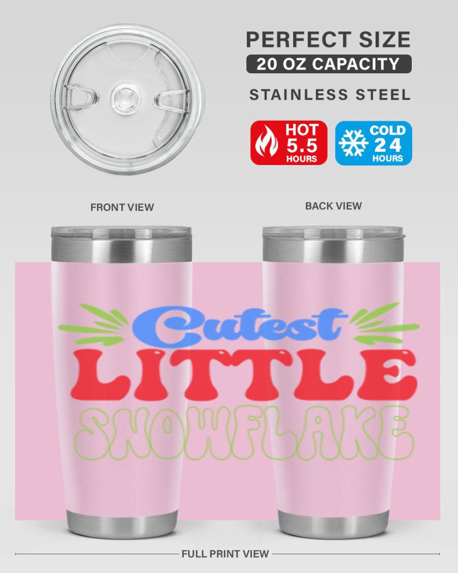 Cutest Little Snowflake 89# Tumbler featuring a winter-themed design, double wall vacuum stainless steel construction, and a press-in drink-thru lid.