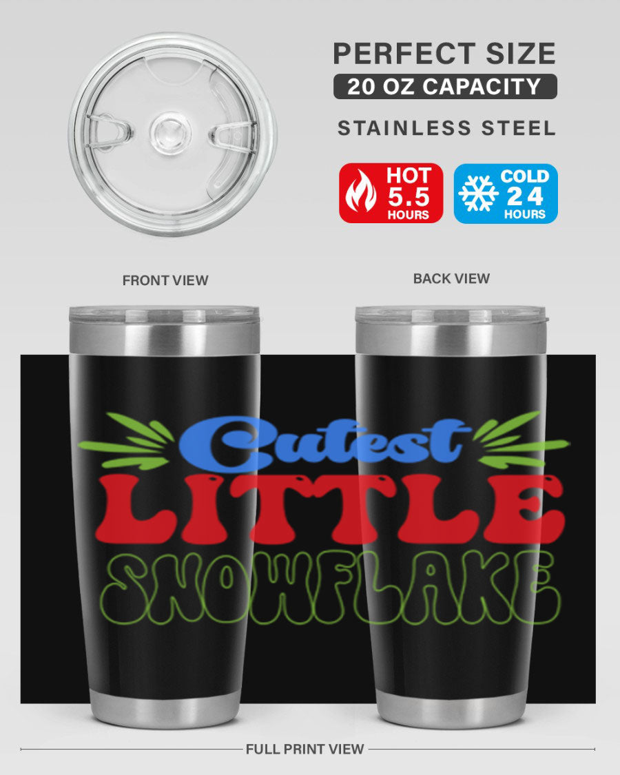 Cutest Little Snowflake 89# Tumbler featuring a winter-themed design, double wall vacuum stainless steel construction, and a press-in drink-thru lid.