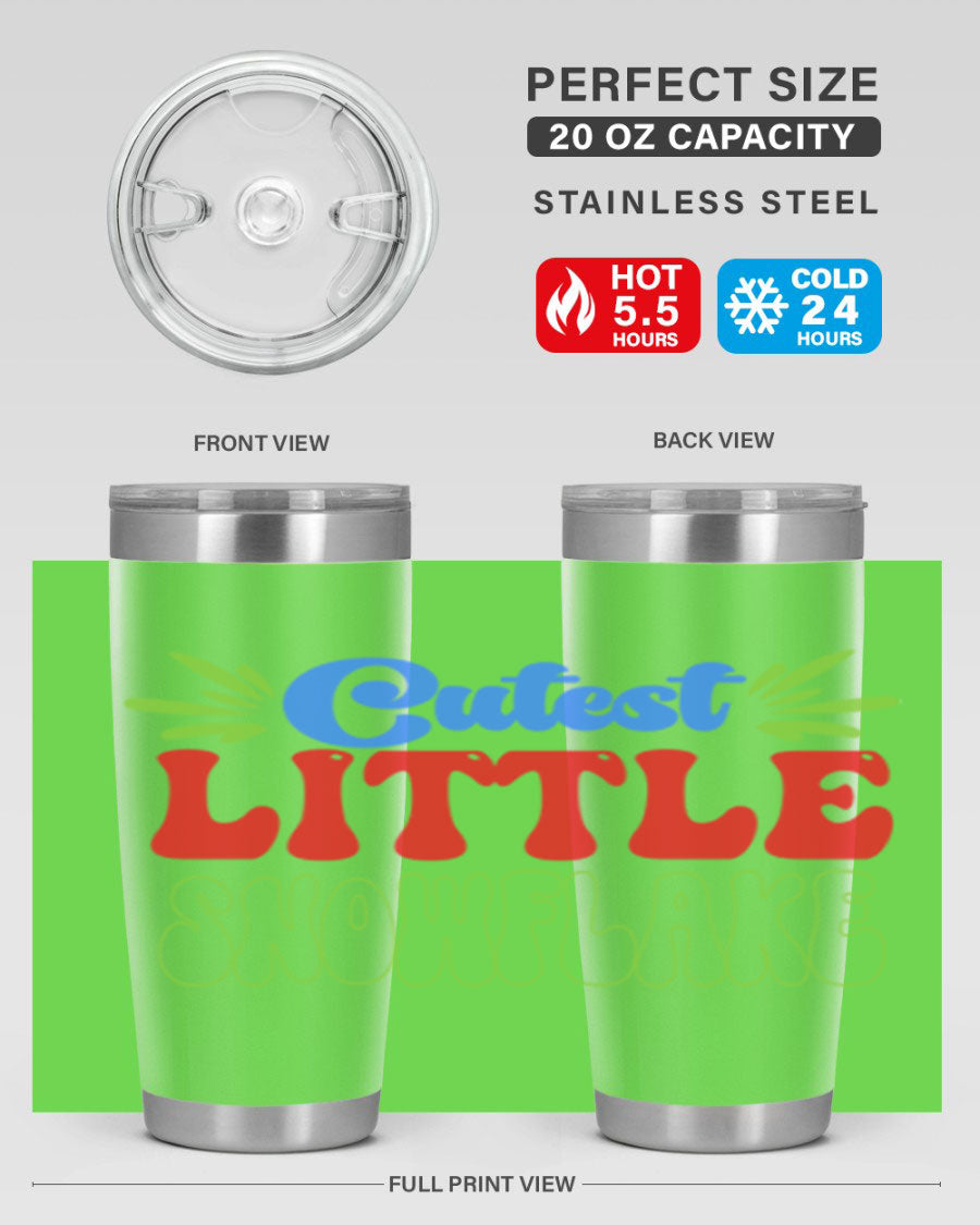 Cutest Little Snowflake 89# Tumbler featuring a winter-themed design, double wall vacuum stainless steel construction, and a press-in drink-thru lid.