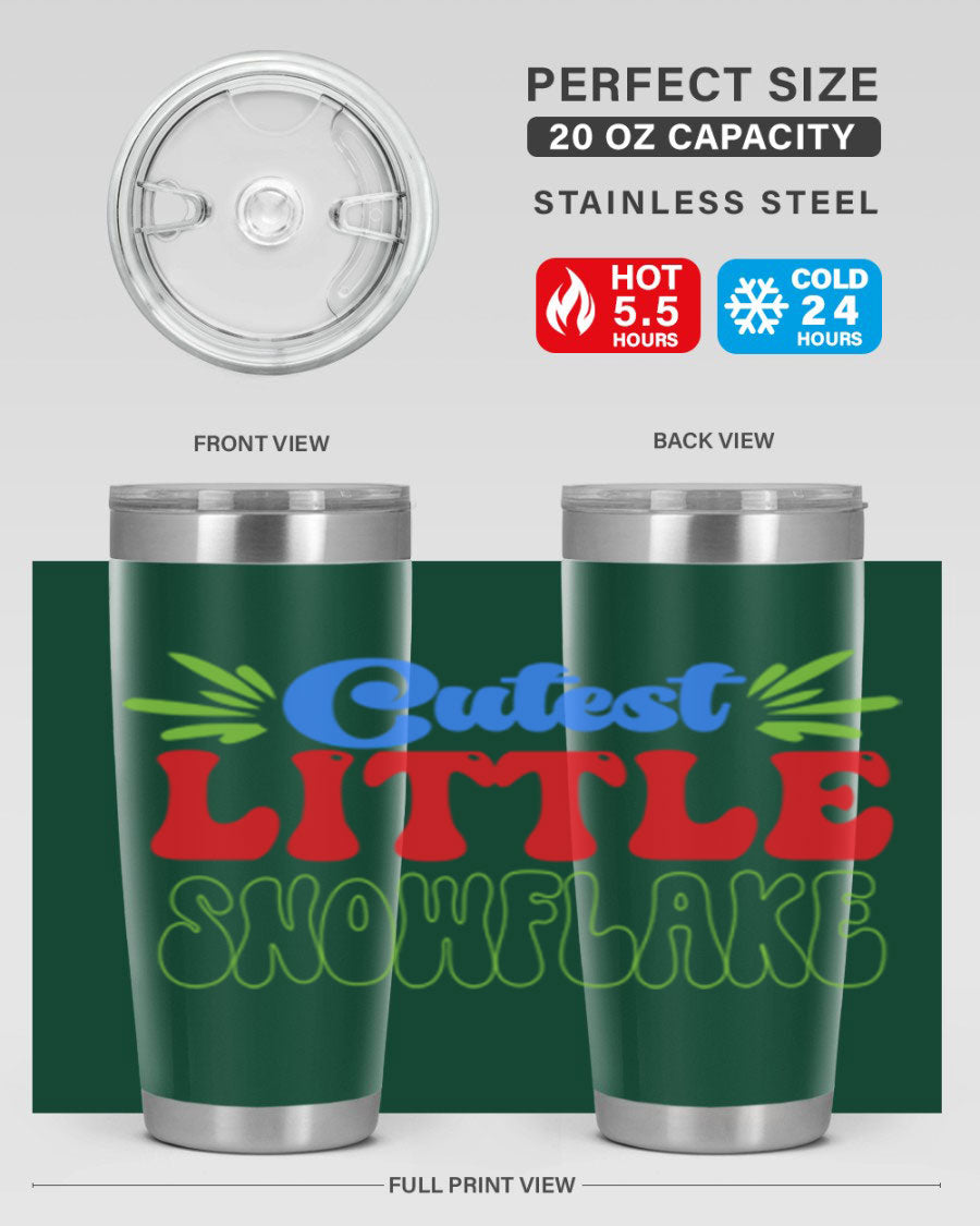Cutest Little Snowflake 89# Tumbler featuring a winter-themed design, double wall vacuum stainless steel construction, and a press-in drink-thru lid.