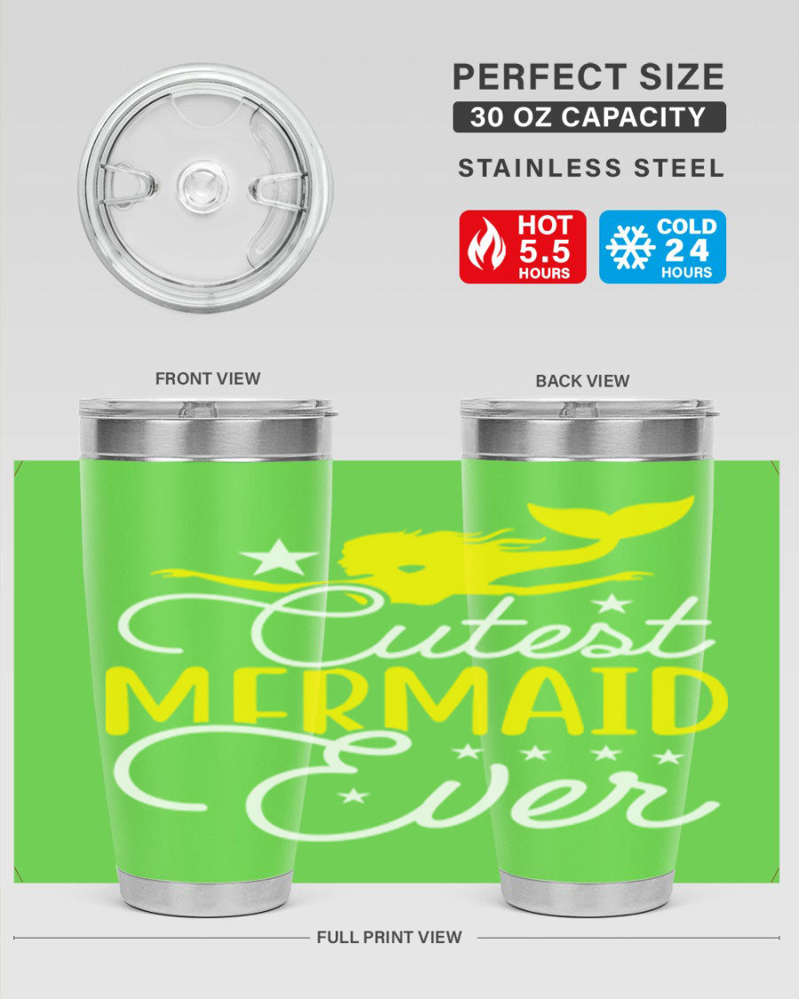 Cutest Mermaid Ever 92# tumbler featuring a vibrant mermaid design, double wall vacuum stainless steel construction, and a drink-thru lid.