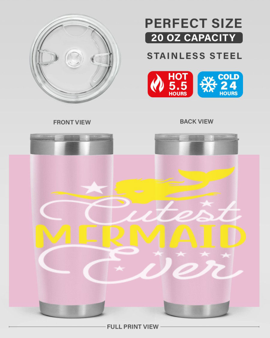 Cutest Mermaid Ever 92# tumbler featuring a vibrant mermaid design, double wall vacuum stainless steel construction, and a drink-thru lid.