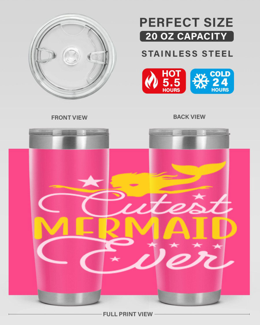 Cutest Mermaid Ever 92# tumbler featuring a vibrant mermaid design, double wall vacuum stainless steel construction, and a drink-thru lid.