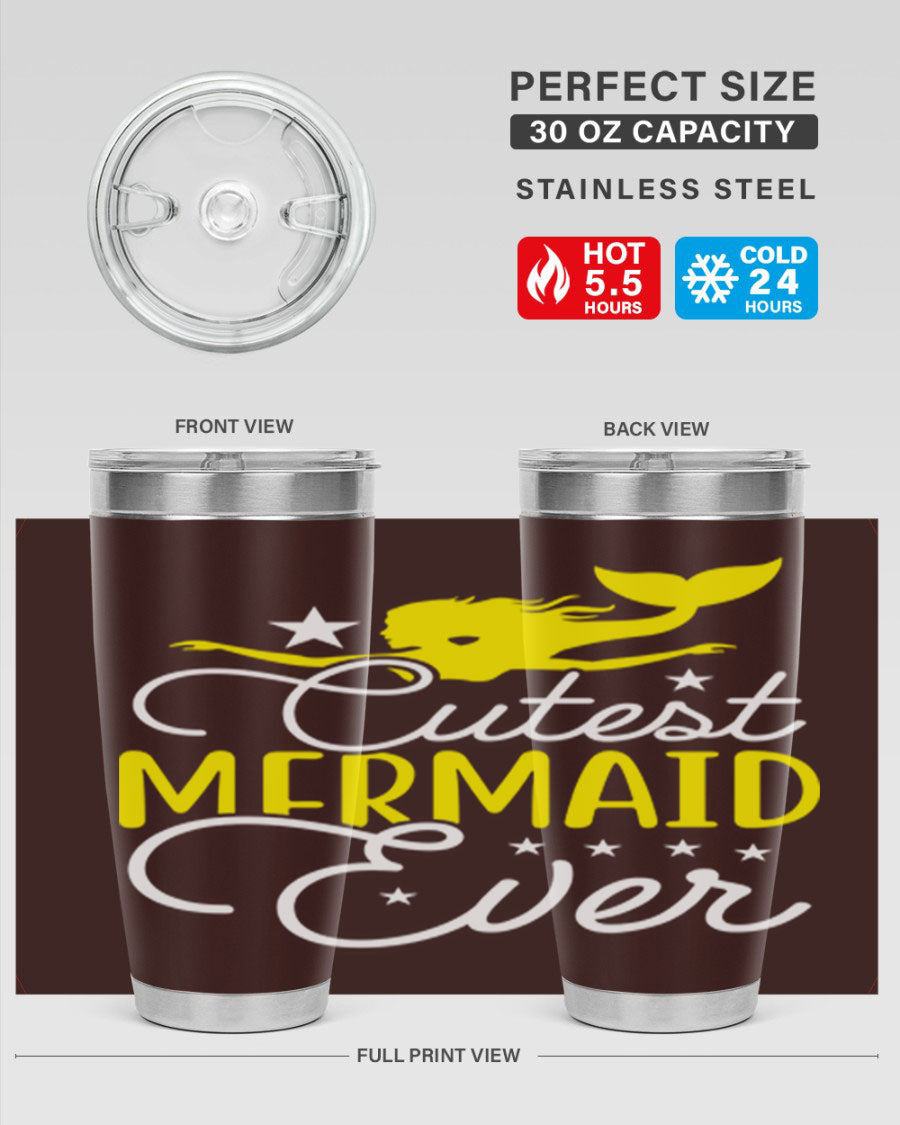 Cutest Mermaid Ever 92# tumbler featuring a vibrant mermaid design, double wall vacuum stainless steel construction, and a drink-thru lid.