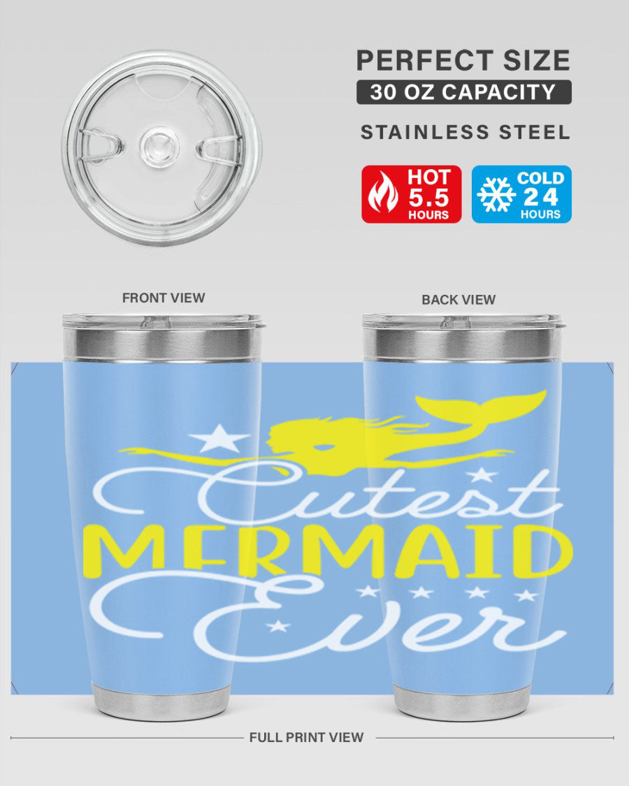 Cutest Mermaid Ever 92# tumbler featuring a vibrant mermaid design, double wall vacuum stainless steel construction, and a drink-thru lid.