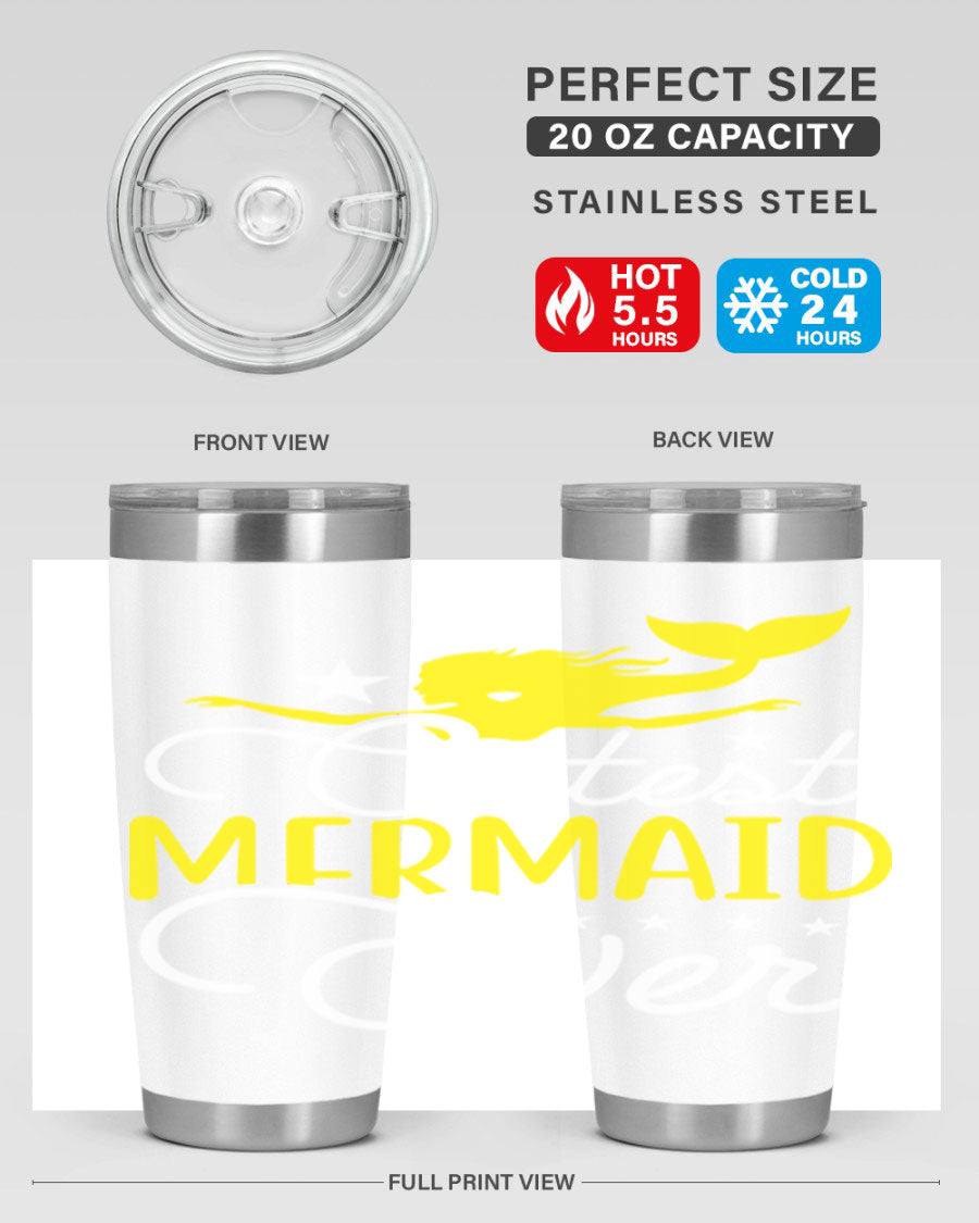 Cutest Mermaid Ever 92# tumbler featuring a vibrant mermaid design, double wall vacuum stainless steel construction, and a drink-thru lid.