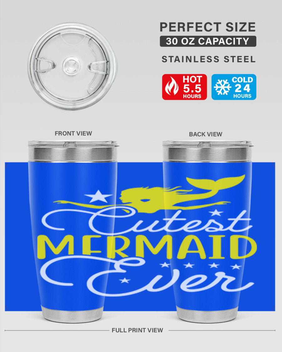 Cutest Mermaid Ever 92# tumbler featuring a vibrant mermaid design, double wall vacuum stainless steel construction, and a drink-thru lid.
