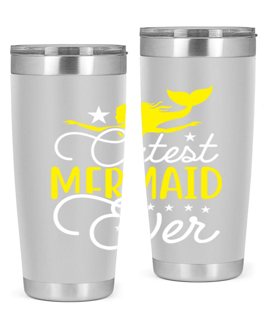 Cutest Mermaid Ever 92# tumbler featuring a vibrant mermaid design, double wall vacuum stainless steel construction, and a drink-thru lid.